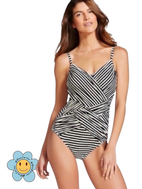 Merona Other - Merona ~ One Piece ~ Black & White Striped Swimsuit w/ Cross Over Fabric